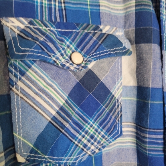 Aeropostale Western Pearl Snap Blue Plaid Men's Long Sleeve Shirt Size XL - Picture 2 of 9